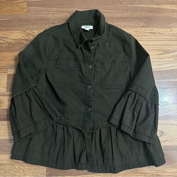 Style & Co Olive Green Button Jacket, Peplum, Utility, Bell Sleeves, Military, M - Picture 3 of 13